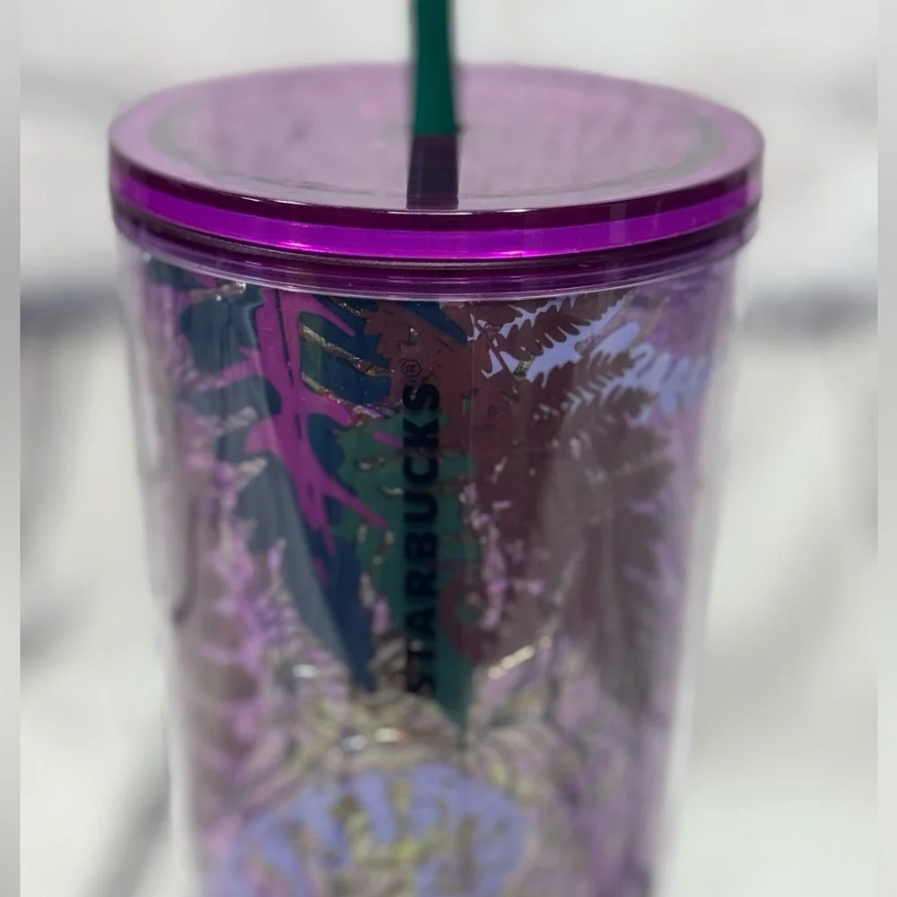 Starbucks Purple and Green Iridescent Foil Mushroom Tumbler with Straw